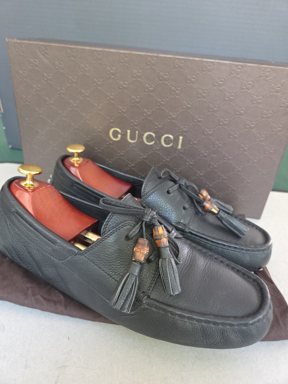 GUCCI Loafers Leather Shoes Laces Tassels Bamboo Navy Men's Size UK 8 Us8.5